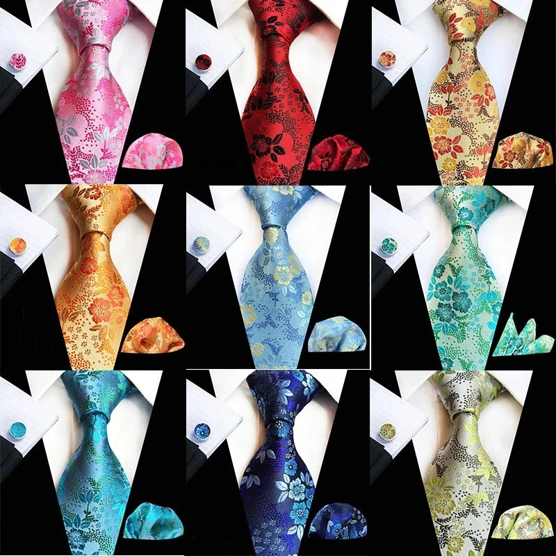 Ensemble de cravates en soie rose floral pour hommes, ensemble de cravates de fête de mariage, mouchoir, broche, boutons de manchette, accessoires pour hommes de haute qualité Gravata