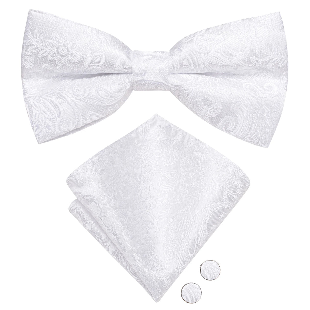Hi-Tie Black White Silver Grey Brown Silk Mens Bow Tie Hankerchief Cufflinks Set Pre-tied Butterfly Knot Adjustable Bowtie Male