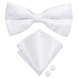 Hi-Tie Black White Silver Grey Brown Silk Mens Bow Tie Hankerchief Cufflinks Set Pre-tied Butterfly Knot Adjustable Bowtie Male