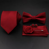 Hot Sale Red Blue Tie Set Polyester Slim Striped Necktie Bowtie Cufflink Brooch For Groom Suit Wedding Cravat Shirt Accessory