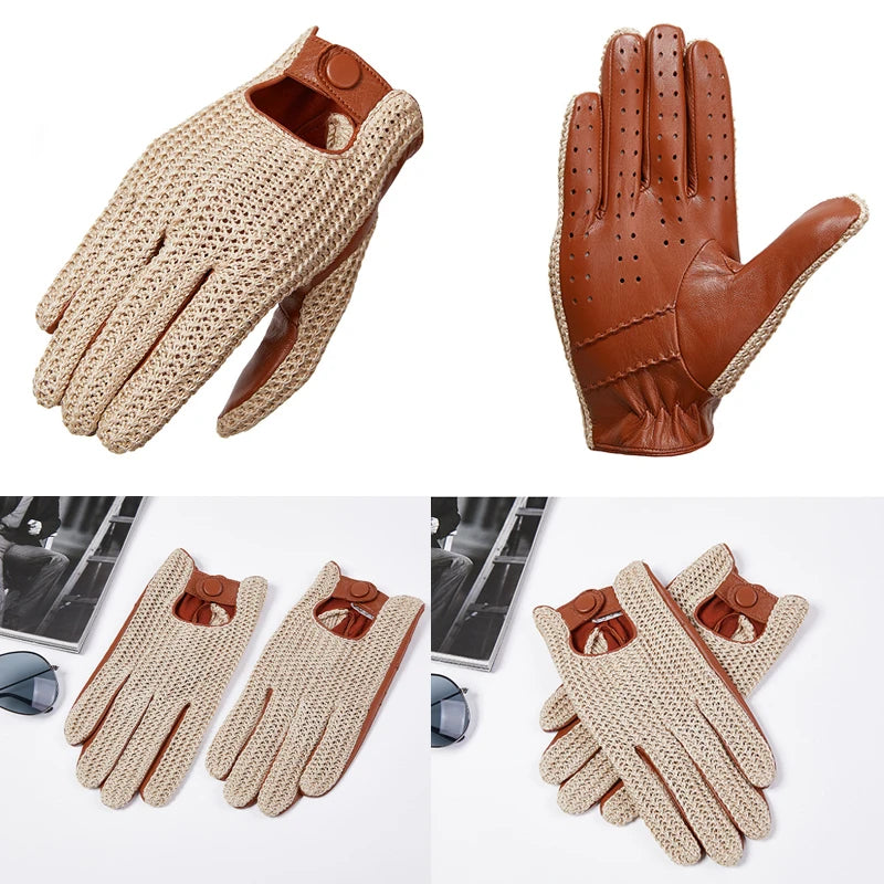 Autumn Winter Men's Wool Knitted Goatskin Touch Screen Gloves Locomotive mitten Car Driving Genuine Leather Motorcycle Gloves
