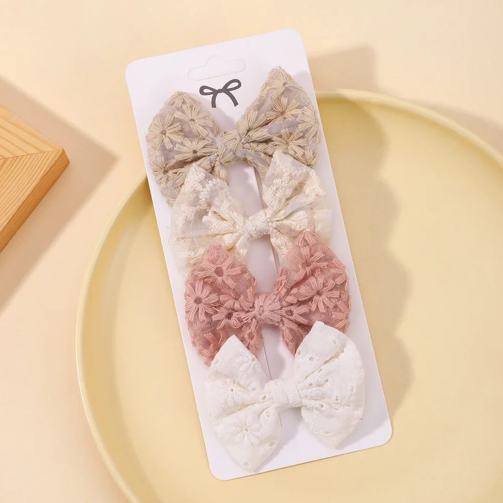 4Pcs/Set Lovely Cotton Bowknot Clips Safe Hairpins Girl Fresh Pastoral Hairclips Baby Hair Accessories Kids Print Hairgripe Gift