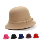 Bowler Hat Bow Warm Autumn Winter Wool Boater Flat Top Hat For Women's Felt Wide Brim Fedora Hat Jazz Cap Elegant Dome Hat