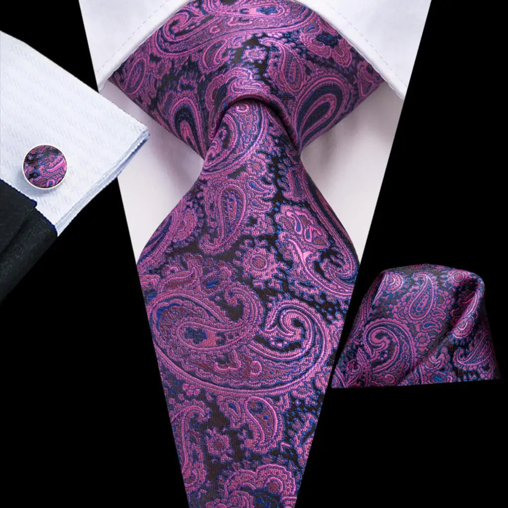 Hi-Tie – Cravate de mariage en soie violette unie à motif cachemire pour homme, ensemble de qualité avec boutons de manchette et mouchoir, cadeau tendance, livraison directe