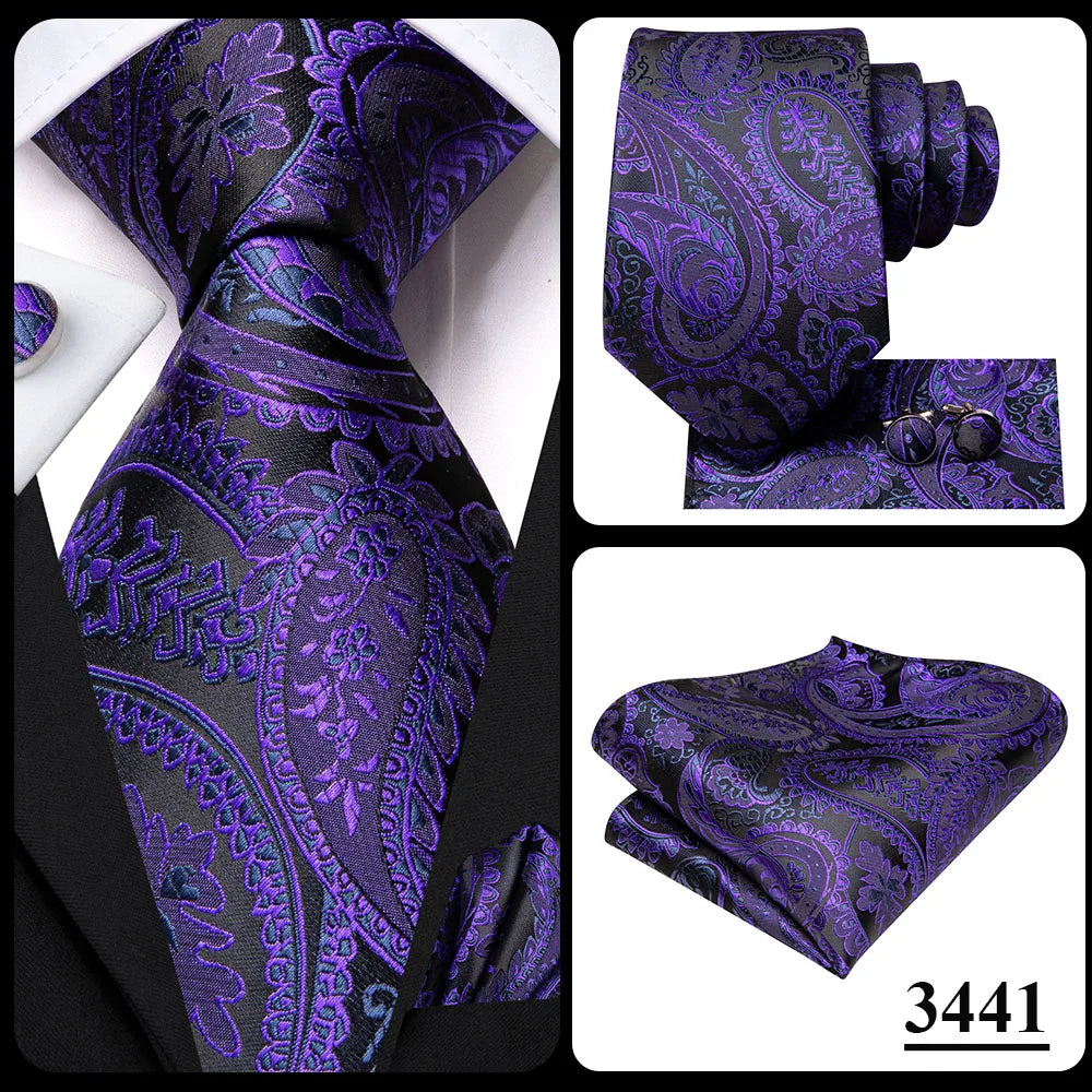 Hi-Tie – Cravate de mariage en soie violette unie à motif cachemire pour homme, ensemble de qualité avec boutons de manchette et mouchoir, cadeau tendance, livraison directe