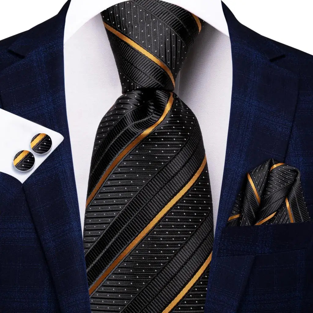 Cravate élégante pour homme, motif cachemire, rayures noires et dorées, en soie, pour mariage, mouchoir, boutons de manchette, pour entreprise, fête, livraison directe