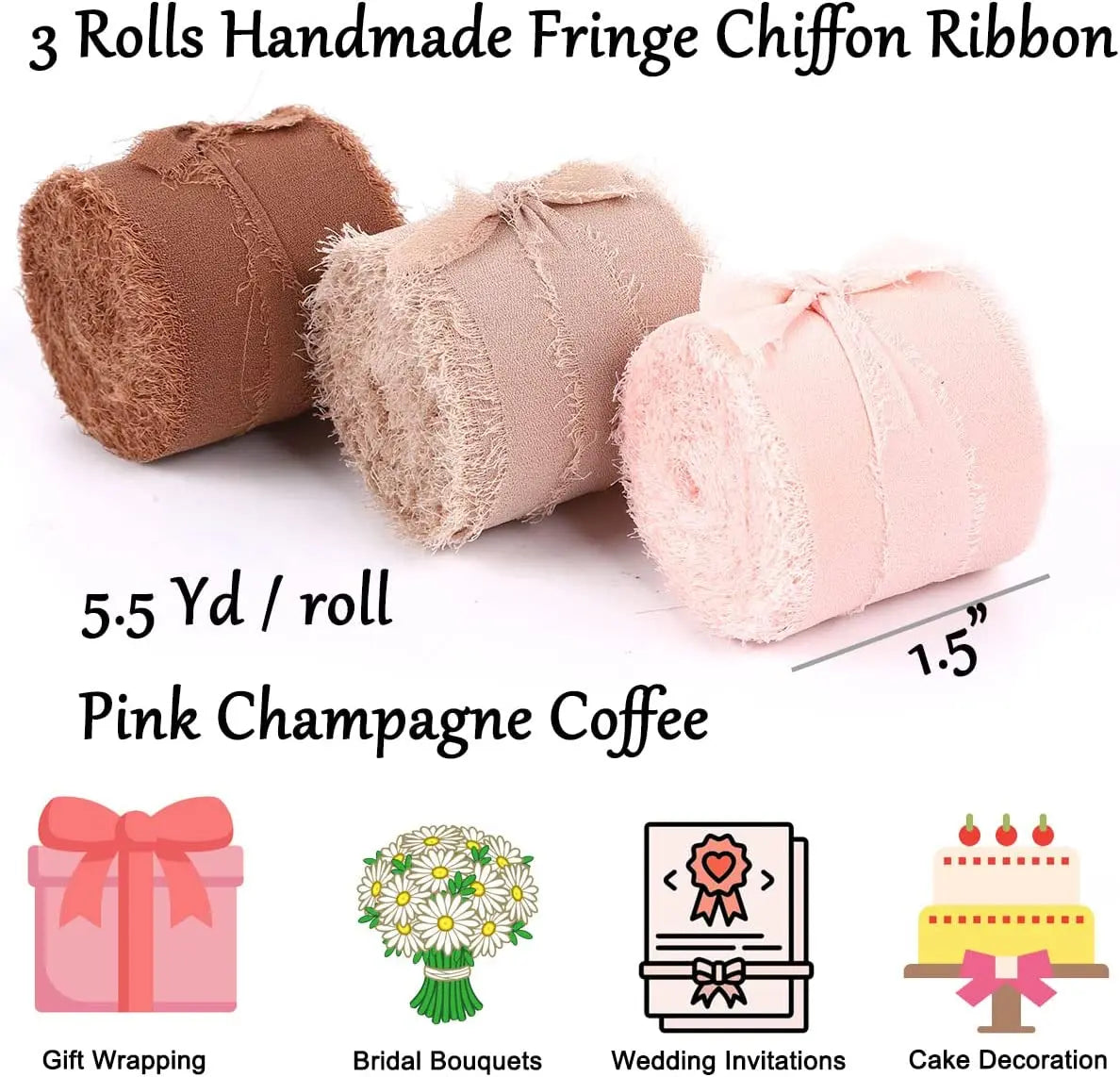 Rubans en mousseline de soie à bords apparents, 4 cm x 5 m, pour bouquet d'invitation de mariage, décoration de Noël, emballage cadeau