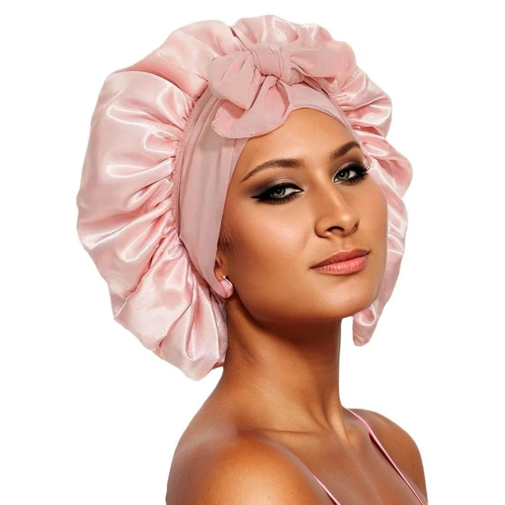 Bonnet de nuit en satin pour femme, large bande solide, extensible, avec nœud, bonnet soyeux, bonnet de nuit, soins capillaires, couvre-tête de douche