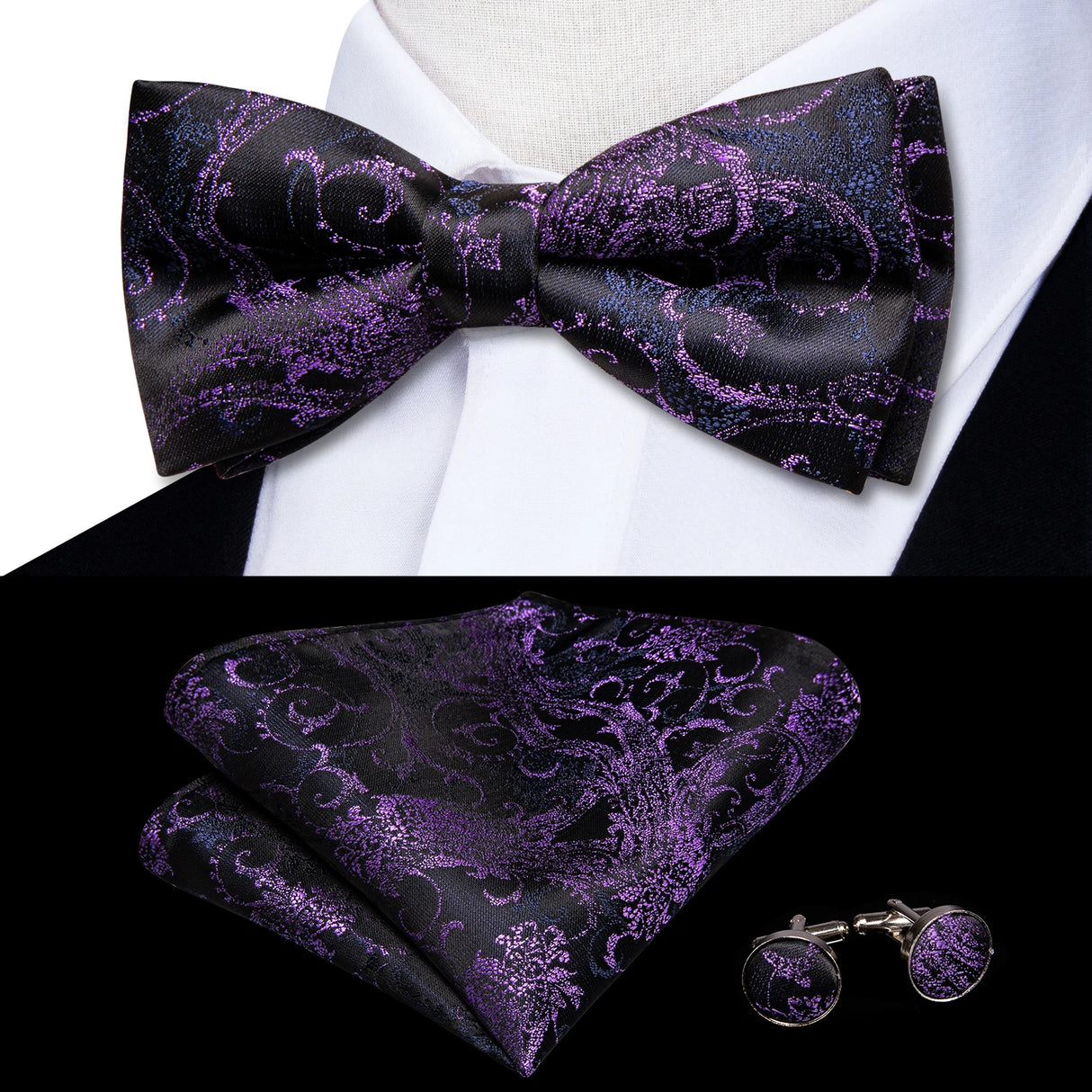 Hi-Tie Nœuds papillon verts de Noël pour hommes Cravate papillon en soie Ensemble de boutons de manchette et mouchoirs pour fête de mariage Nœud papillon uni à carreaux cachemire