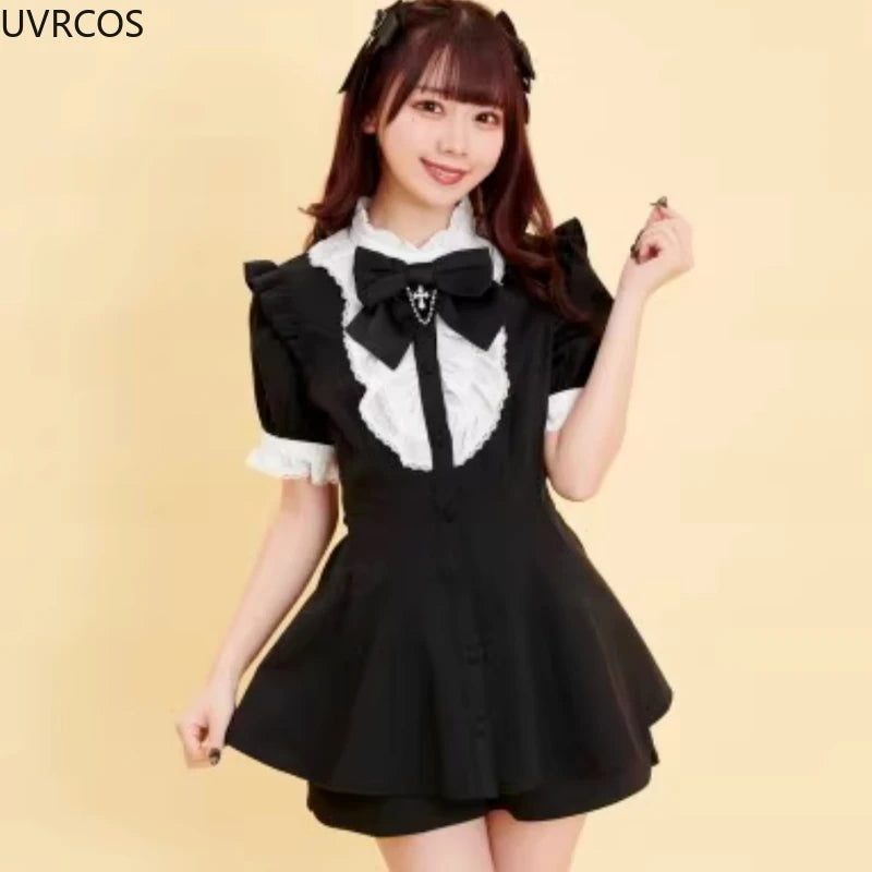 Robe style gothique japonais Y2K Lolita à carreaux avec nœud en strass et short, ensemble doux pour femmes, chemise à manches courtes bouffantes et boutons, robes de soirée