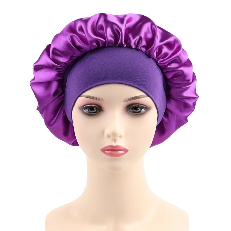 Women's Satin Solid Elastic Wide-brimmed Sleeping Hat Unisex Head Wrap Elastic Band Cap Hair Care Bonnet Night Hat bonnet