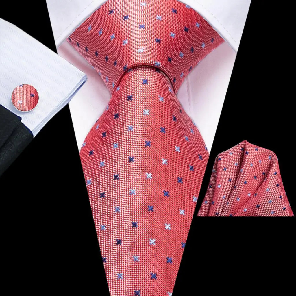 Hi-Tie 100% soie classique pour homme, cravate de mariage corail rose rouge pêche, pochette carrée, boutons de manchette, ensemble de cravates roses pour hommes, cravates cachemire unies