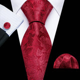 Barry.Wang Ensemble cravate et boutons de manchette en soie pour homme, motif jacquard, rouge, bordeaux, rose, pour mariage, affaires, fête
