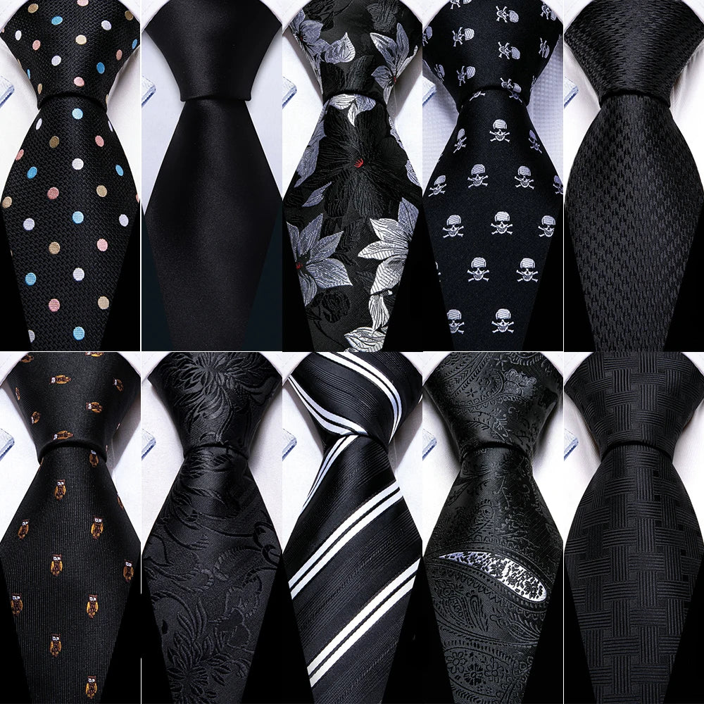 Cravates en soie noire pour hommes, classiques, solides, tissées de haute qualité, avec pochette et boutons de manchette, pour soirées formelles, design Barry.Wang