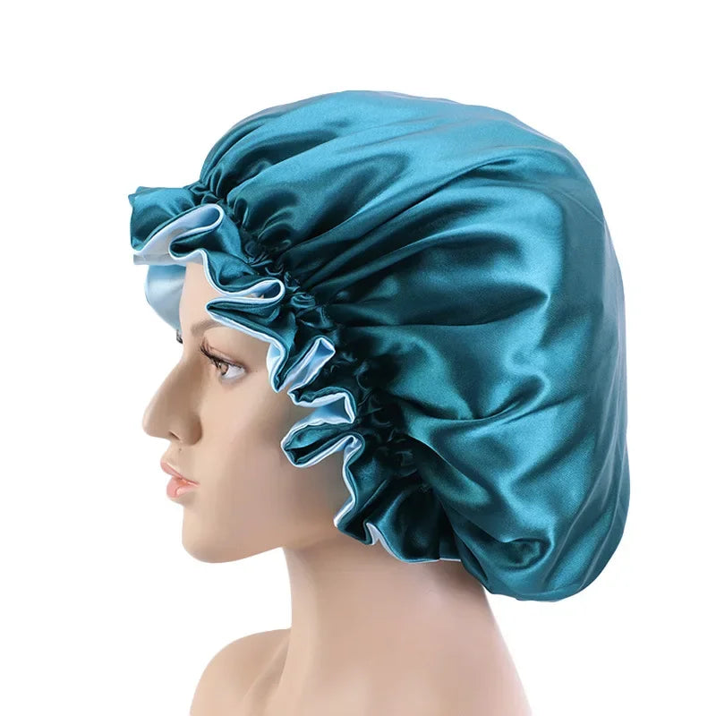Bonnet de nuit en satin double couleur, bonnet de nuit en dentelle extra large, bonnet rond pour soins capillaires, bonnets de douche