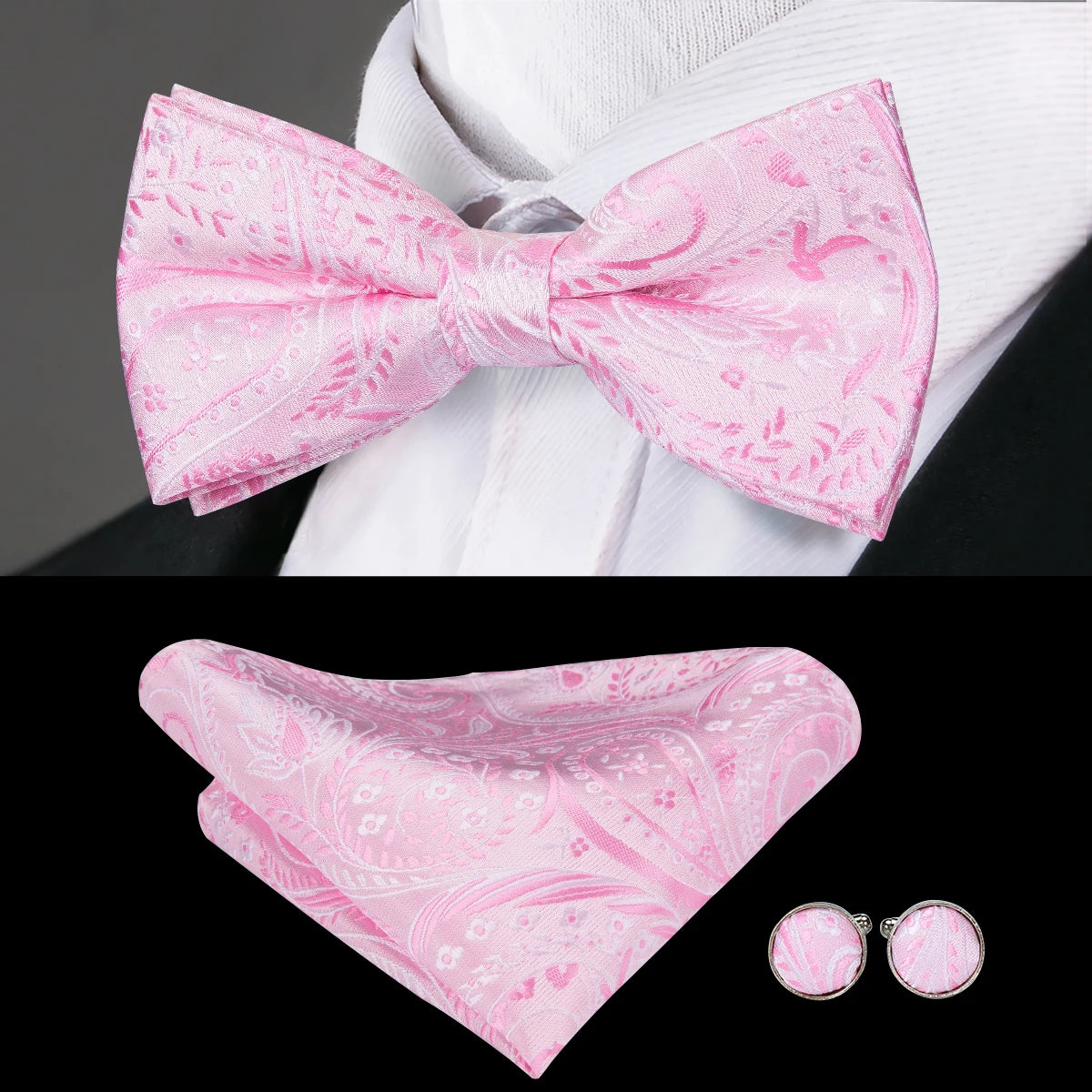 Hi-Tie Marque Soie Pré-noué Homme Nœud Papillon Mouchoir Boutons de Manchette Ensemble Nœud Papillon pour Homme Jacquard Solide Cachemire Floral Mariage Cadeau d'Affaires