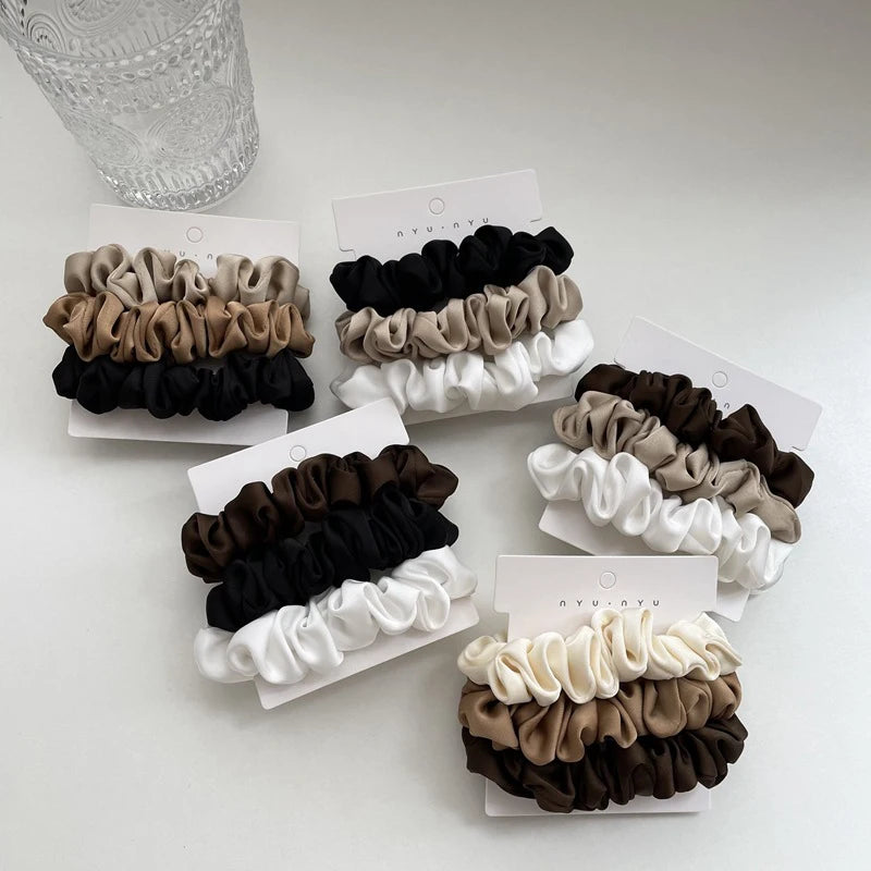 Lot de 3 élastiques à cheveux en soie faits à la main, en satin soyeux, pour queue de cheval, couleur café noir et blanc