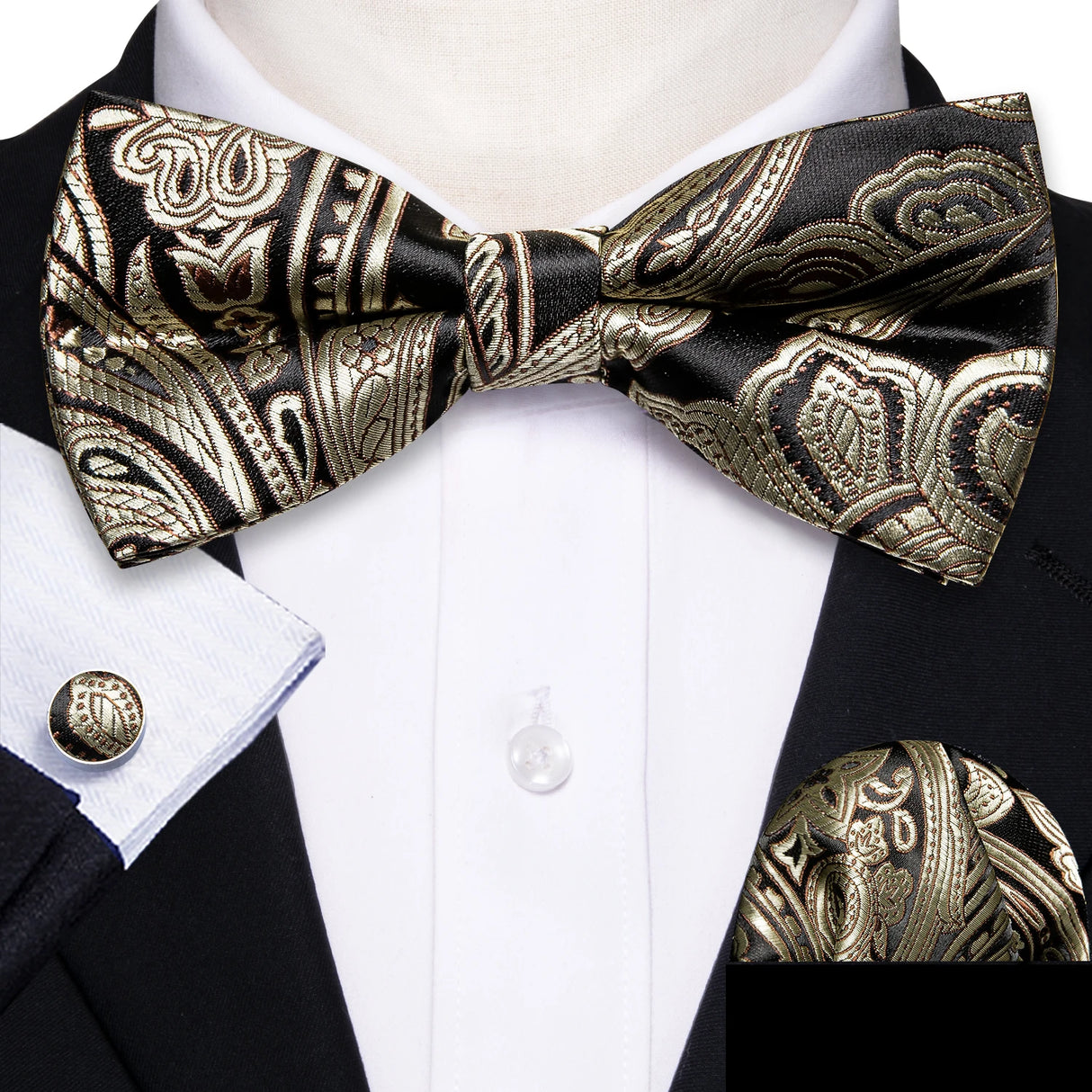 Barry.Wang Silk Mens Bow Tie White Green Pink Purple Jacquard Paisley Floral Pre-Tied Bowtie Hanky Cuffs Set Wedding Business