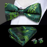 Hi-Tie Nœuds papillon verts de Noël pour hommes Cravate papillon en soie Ensemble de boutons de manchette et mouchoirs pour fête de mariage Nœud papillon uni à carreaux cachemire