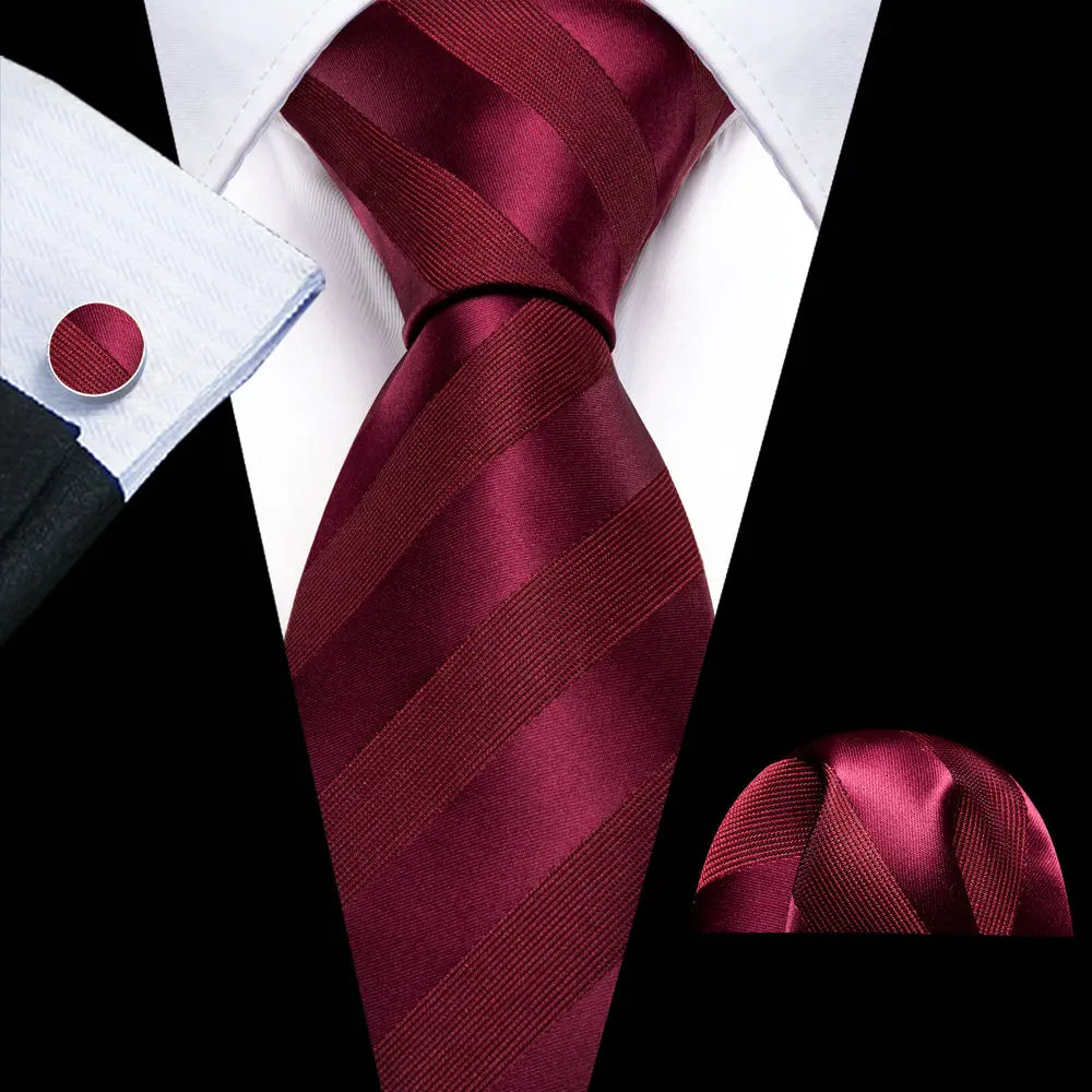 Cravate de luxe pour homme, ensemble de boutons de manchette et mouchoir en soie à rayures rouges, style business, Barry.Wang, accessoire tendance pour mariage, fête, décontracté