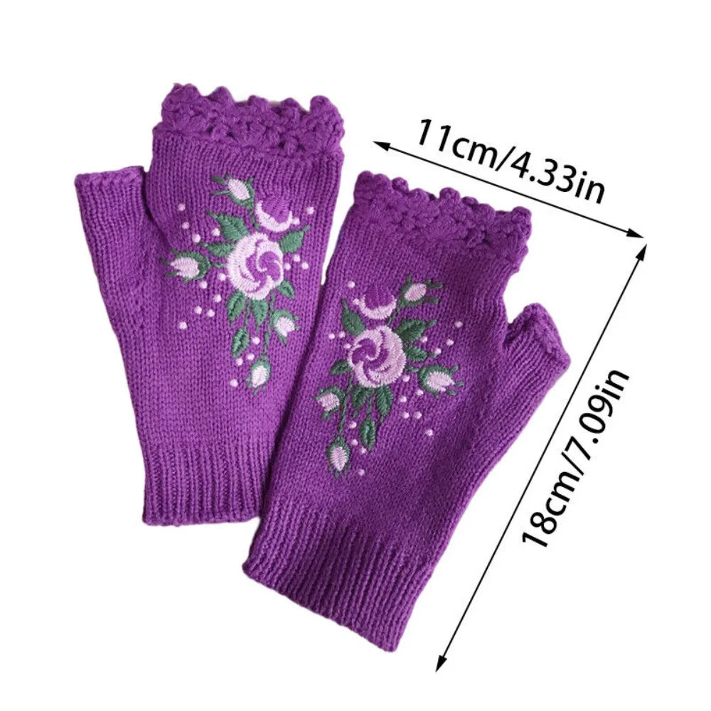 Gants tricotés sans doigts avec broderie florale et abeille, confortables, maintien au chaud, trous pour les pouces, mitaines à fleurs, mitaines à longueur de poignet, hiver