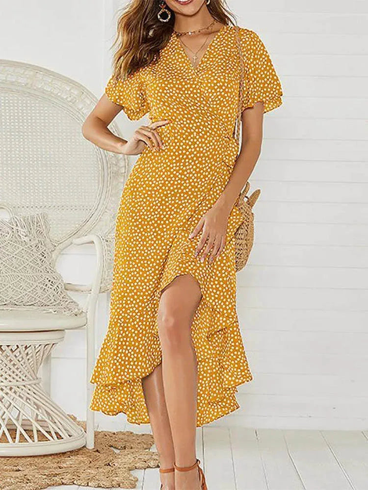 Robe longue d'été pour femme, imprimé floral, style bohème, en mousseline de soie, à volants, décontractée, col en V, fendue, sexy, tenue de soirée