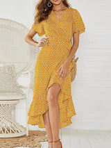 Robe longue d'été pour femme, imprimé floral, style bohème, en mousseline de soie, à volants, décontractée, col en V, fendue, sexy, tenue de soirée