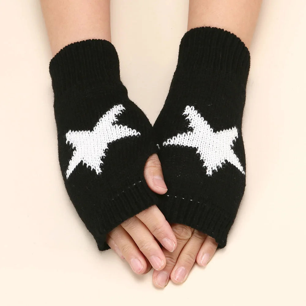 Winter Knitted Woolen Gloves Y2K Women's Half Finger Gloves Knitting Fingerless Arm Gloves Five Pointed Star Writing Guantes