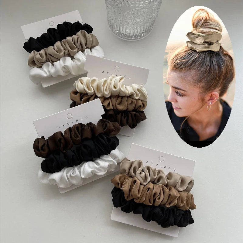 Lot de 3 élastiques à cheveux en soie faits à la main, en satin soyeux, pour queue de cheval, couleur café noir et blanc