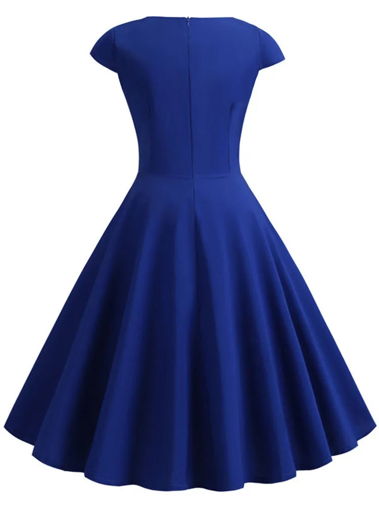 Pink Summer Dress Women V Neck Vintage Robe Elegant Retro pin up Party Office Midi Dresses