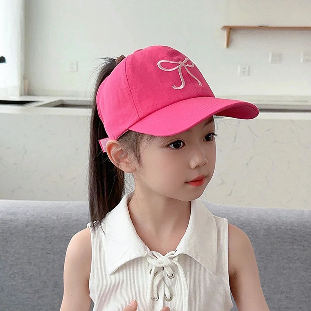 Casquette de baseball rose et blanc pour bébé fille, chapeau de soleil à queue de cheval haute, réglable, pour voyage et extérieur, nouveauté