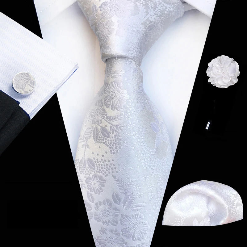 Ensemble de cravates en soie rose floral pour hommes, ensemble de cravates de fête de mariage, mouchoir, broche, boutons de manchette, accessoires pour hommes de haute qualité Gravata