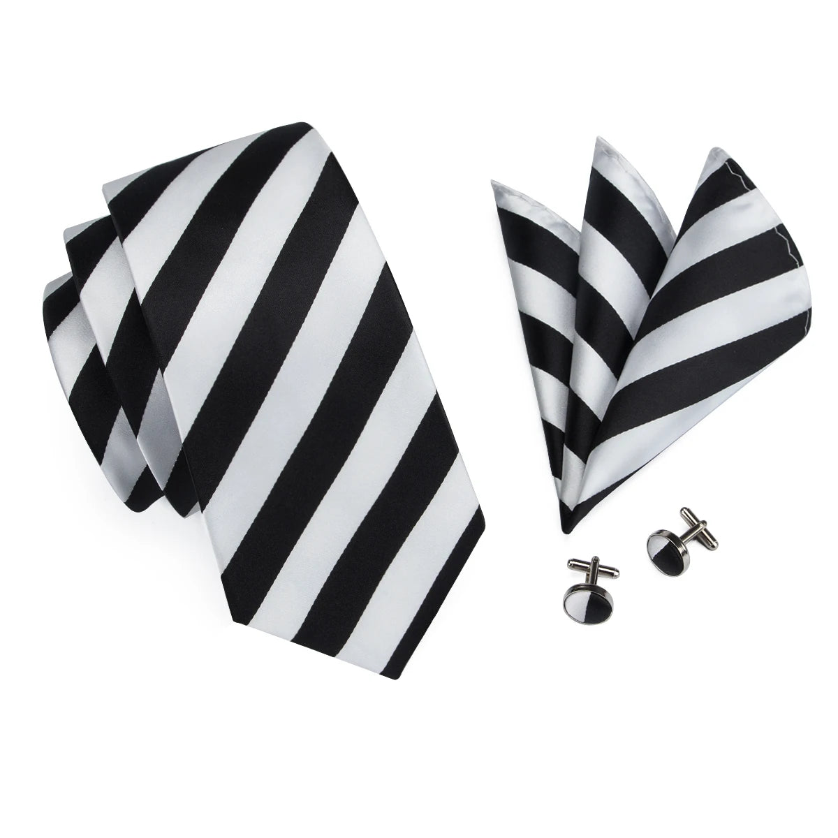 Cravate Hi-Tie blanche et noire à rayures pour homme, couleur unie, en soie, pour mariage, mouchoir, boutons de manchette, créateur de mode, livraison directe