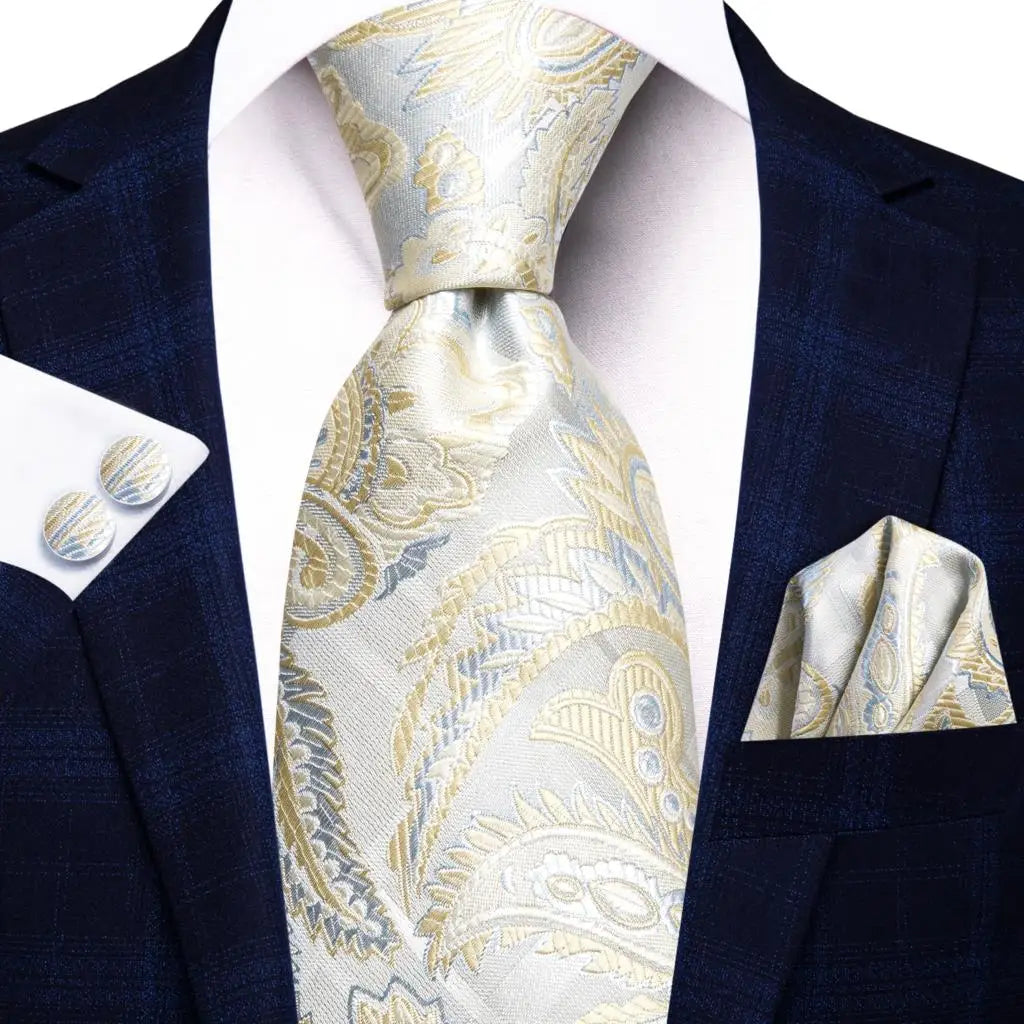 Hi-Tie Cravate de mariage en soie à motif floral, couleur champagne ivoire massif, pour homme, de qualité, avec boutons de manchette, tendance, pour entreprise, livraison directe