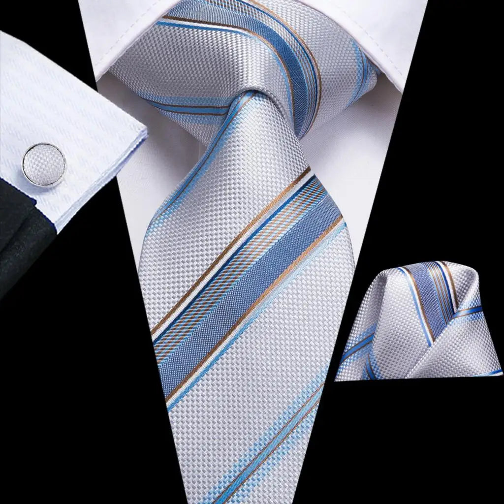 Cravate Hi-Tie blanche et noire à rayures pour homme, couleur unie, en soie, pour mariage, mouchoir, boutons de manchette, créateur de mode, livraison directe