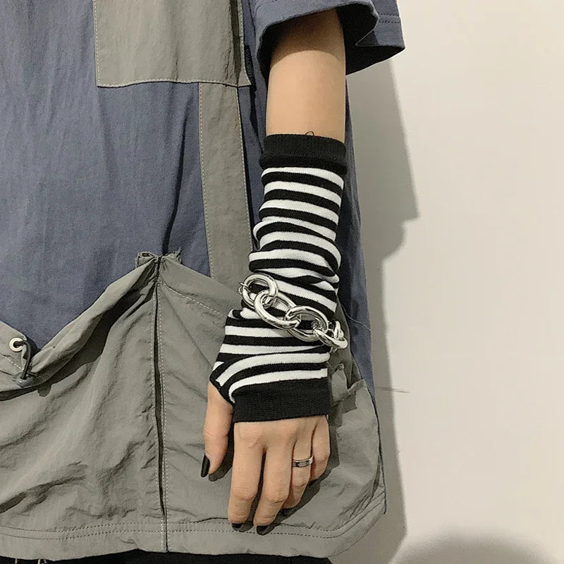 1 Pair Women Arm Warmer Fingerless Long Gloves Knitted Striped Warm Mittens Protection Arm Warmer Half Finger Sleeves