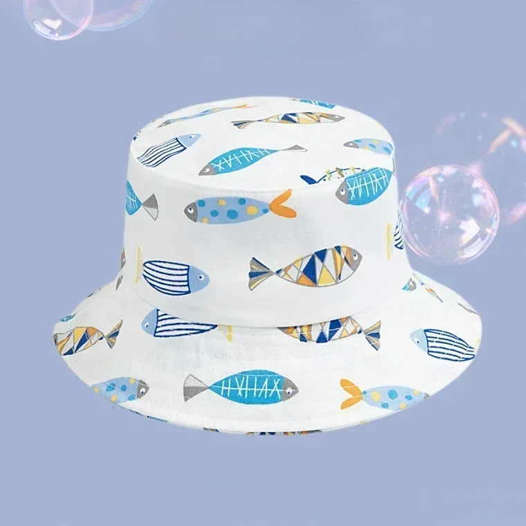 1-5 Years Cartoon Printing Baby Bucket Hat Cotton Breathable Kids Fisherman Hat Infant Toddle Sun Hat with Drawstring Baby Cap