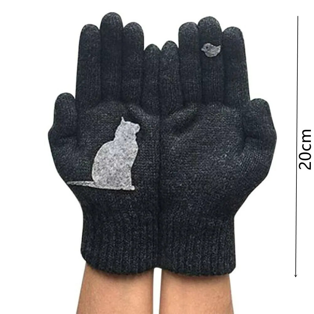 Gants d'hiver pour hommes, femmes et adolescents, mignons, imprimés de chats et d'oiseaux, gants thermiques tricotés, mitaines chaudes et coupe-vent, gants doux