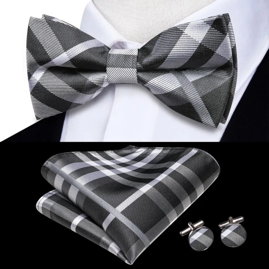 Hi-Tie Nœuds papillon verts de Noël pour hommes Cravate papillon en soie Ensemble de boutons de manchette et mouchoirs pour fête de mariage Nœud papillon uni à carreaux cachemire