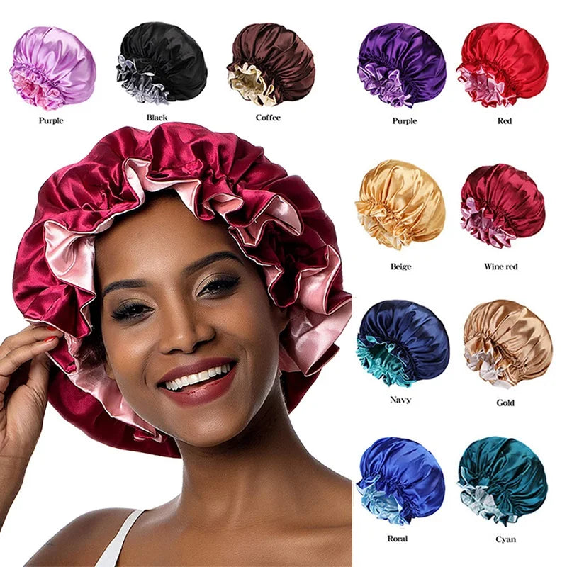 Bonnet de nuit en soie pour femme, double couche, couvre-tête, bonnet de douche tendance, bonnet réglable en satin de soie pour femme