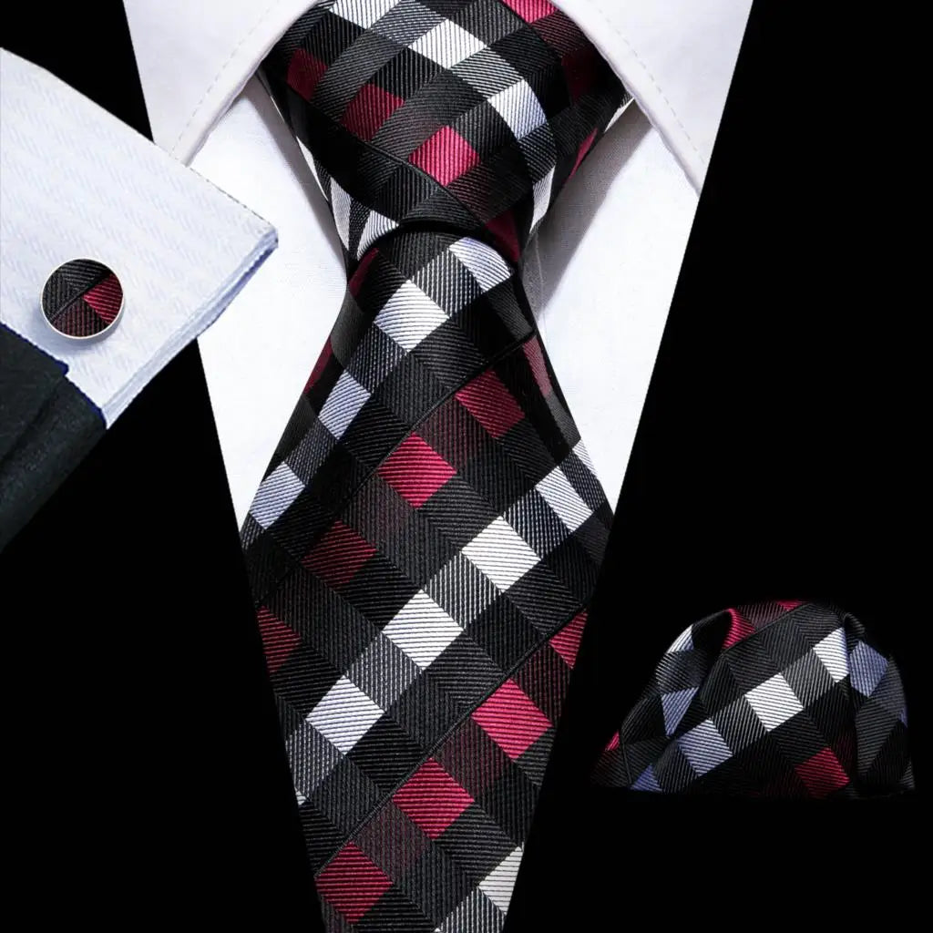 Barry.Wang Ensemble cravate et mouchoir en soie à carreaux pour homme, motif jacquard, idéal pour un mariage, un marié ou une équipe