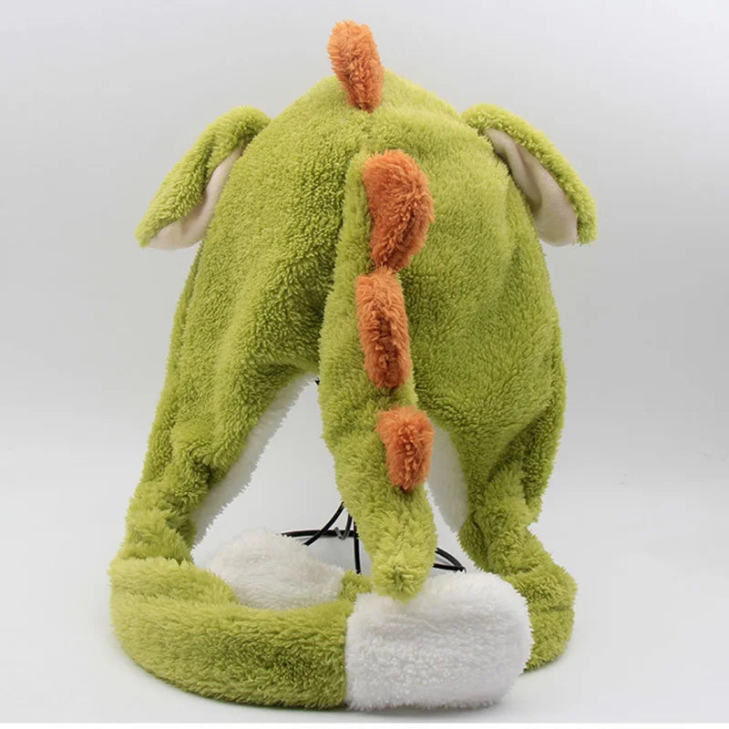 Moving Ears Up Cartoon Cosplay Beanies Skullies Caps Kawaii Keep Warm Dinosaur Winter Hats for Kids Fleece-Lined Cold-proof Hat
