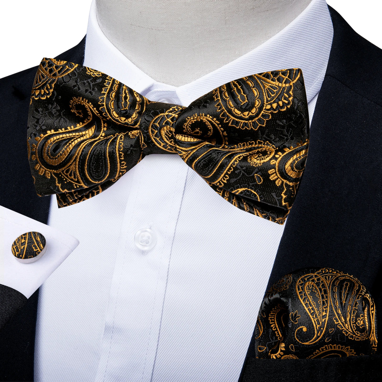 Classic Black Men Bow Ties 100% Silk Bowties Butterfly Pocket Square Cufflinks Set Suit Paisley Gold Pre-Tied Bow Tie DiBanGu