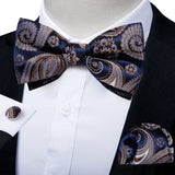 Classic Black Men Bow Ties 100% Silk Bowties Butterfly Pocket Square Cufflinks Set Suit Paisley Gold Pre-Tied Bow Tie DiBanGu