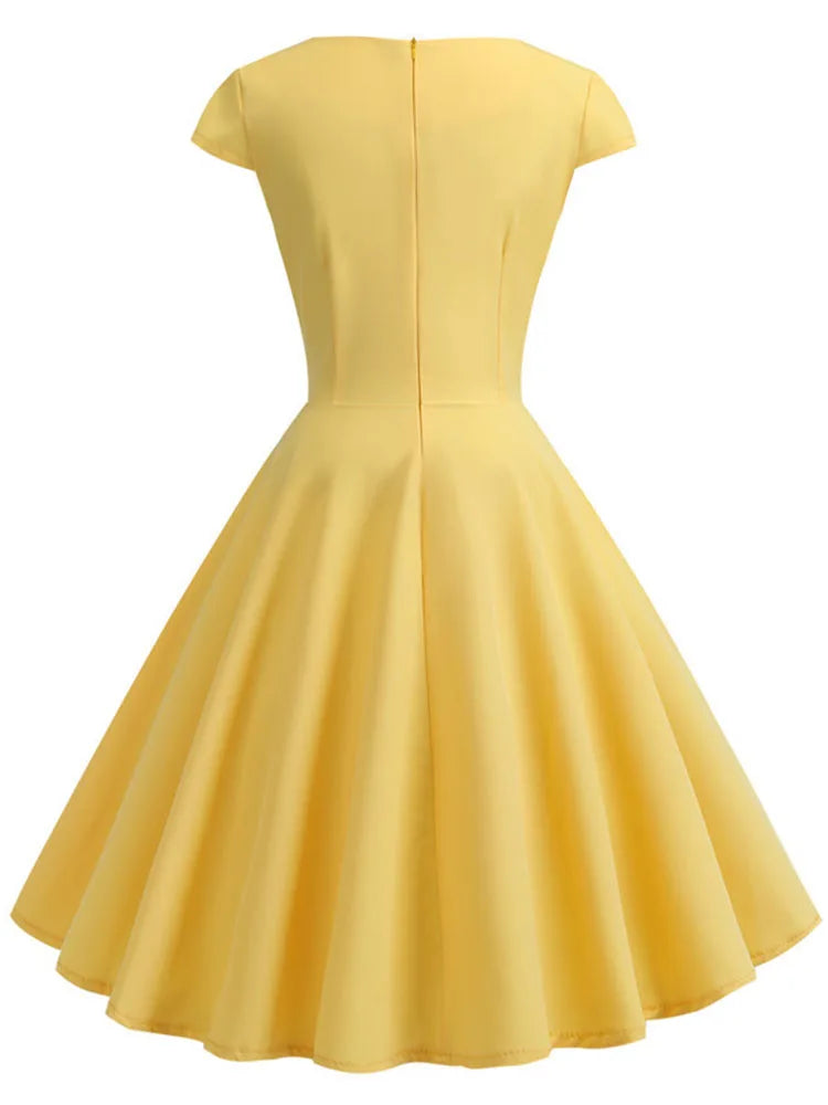 Pink Summer Dress Women V Neck Vintage Robe Elegant Retro pin up Party Office Midi Dresses