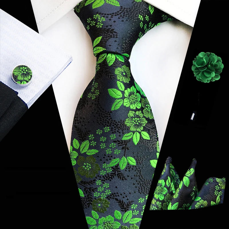 Ensemble de cravates en soie rose floral pour hommes, ensemble de cravates de fête de mariage, mouchoir, broche, boutons de manchette, accessoires pour hommes de haute qualité Gravata
