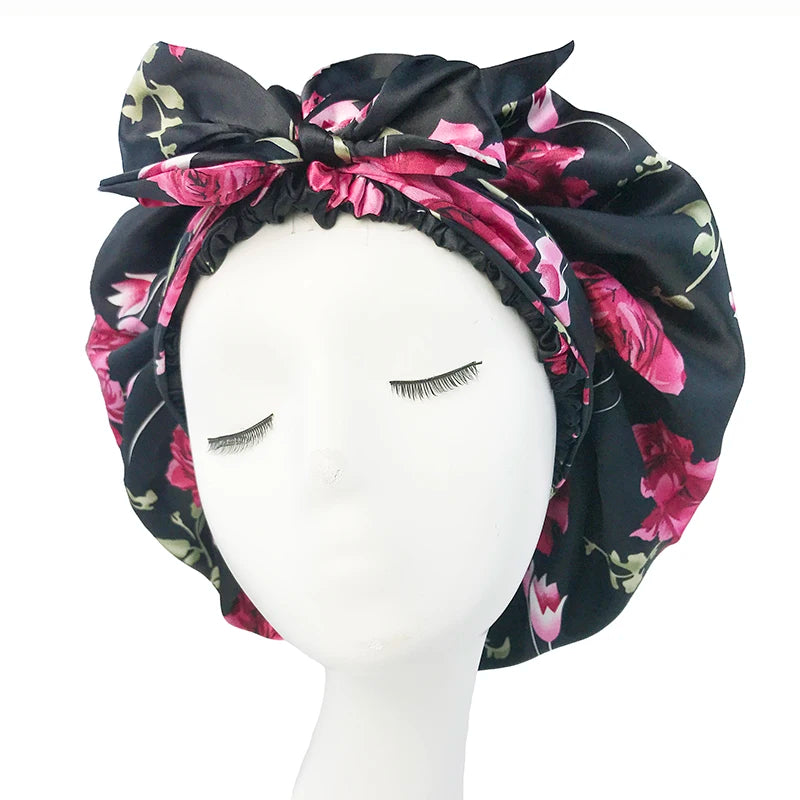 Bonnet en satin doux et soyeux pour femme, grand bonnet de nuit avec long ruban de satin, bandeau large et réglable