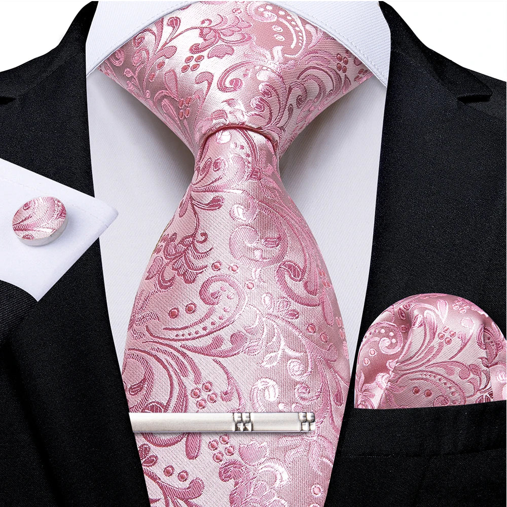 Ensemble cravate homme en soie à rayures roses, motif floral, motif cachemire uni, 8 cm, mouchoir, boutons de manchette, accessoires de mariage, de bal, cravate