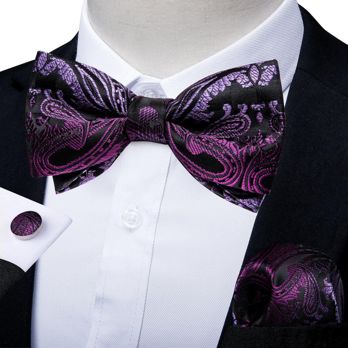 Classic Black Men Bow Ties 100% Silk Bowties Butterfly Pocket Square Cufflinks Set Suit Paisley Gold Pre-Tied Bow Tie DiBanGu