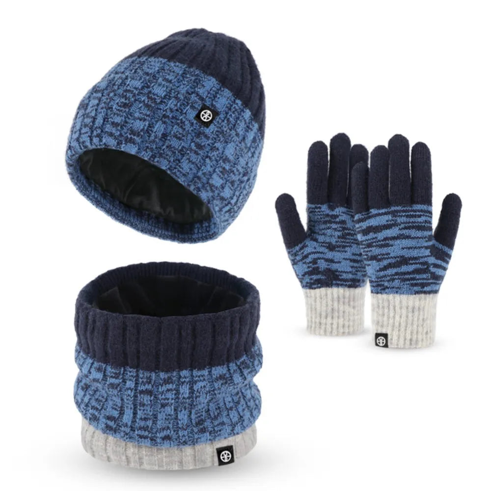 Knitted Cap Scarf three-piece Hat Autumn Winter Outdoor Ride Windproof Cold Warm three-piece Gradient Clash Of Colours Set
